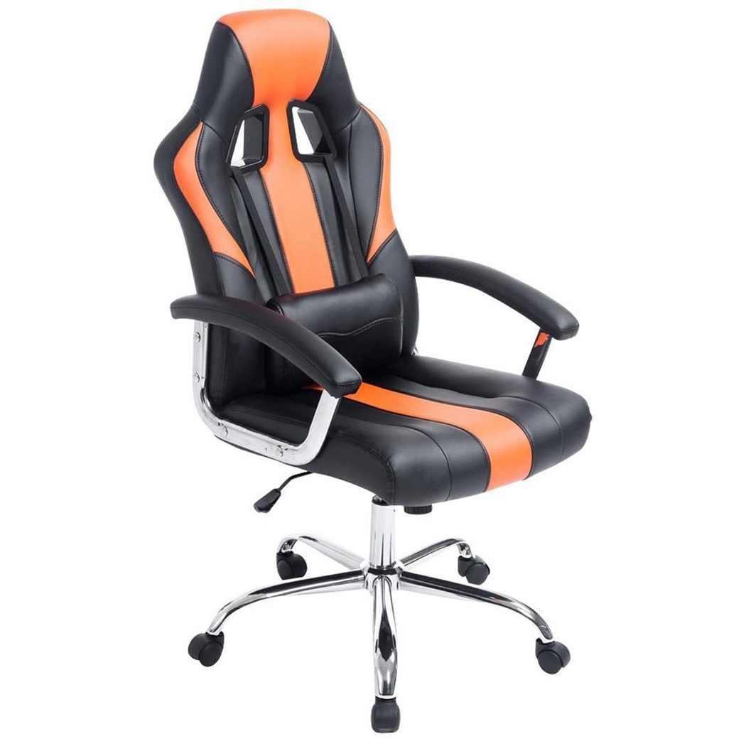 Sillón Gaming INDOS, Diseño Deportivo, Gran Confort, Base Metálica, En Piel Negro y Naranja