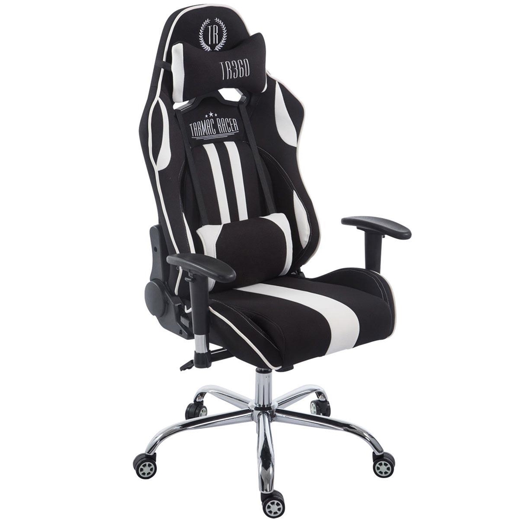 Silla Gaming LOGAN TELA, Respaldo Reclinable, Cojines Incluidos, Base de Metal, En Negro/Blanco