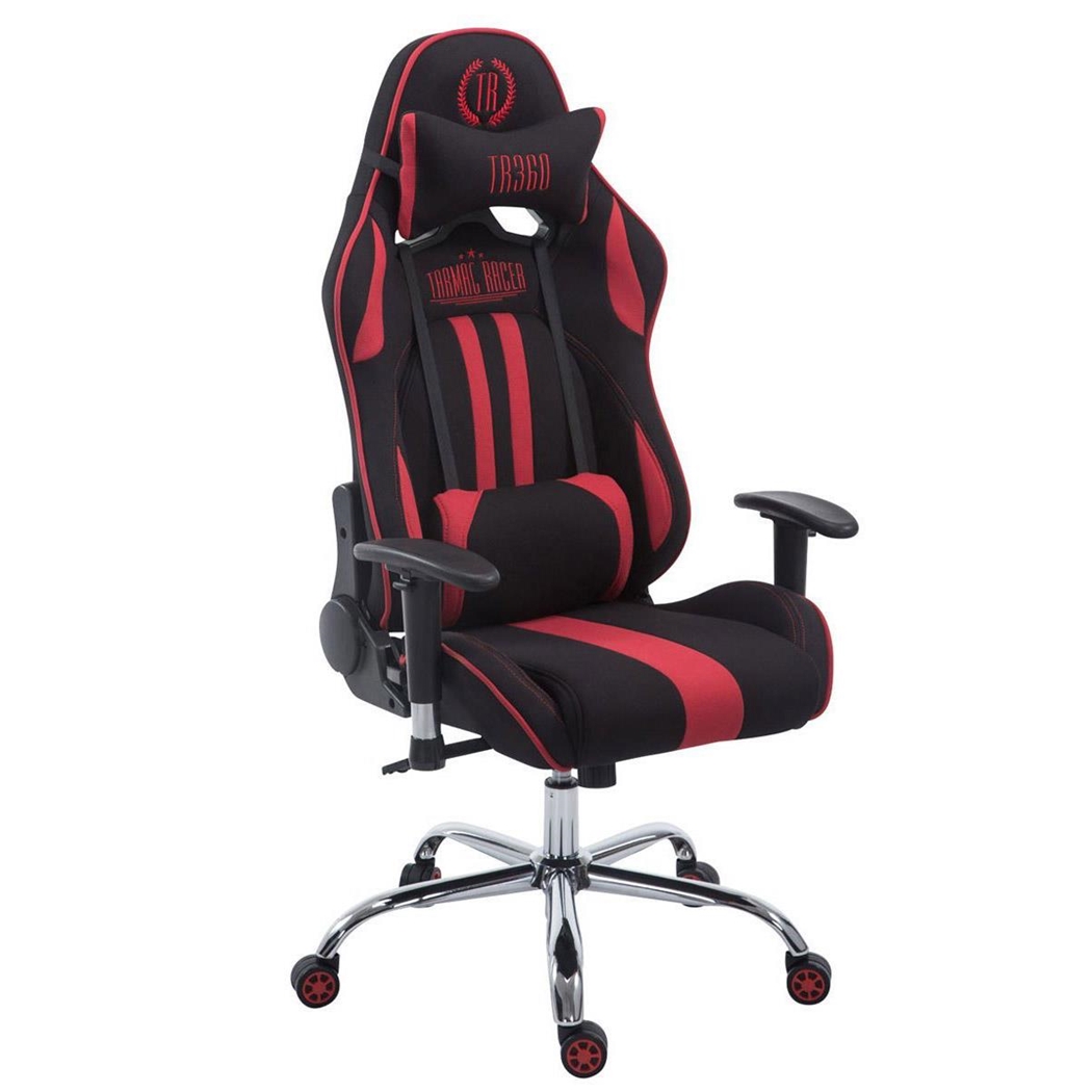 Silla Gaming LOGAN TELA, Respaldo Reclinable, Cojines Incluidos, Base de Metal, En Negro/Rojo