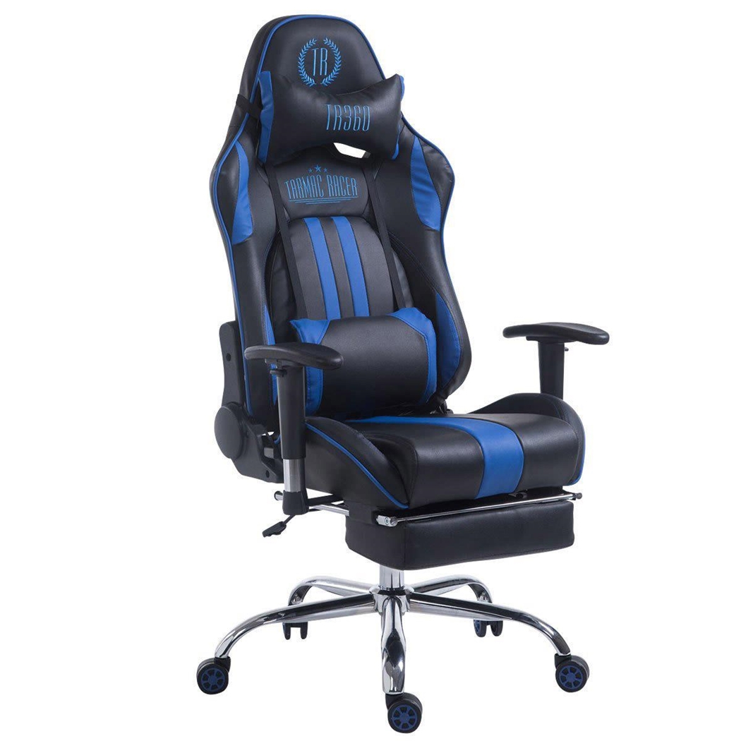 Silla Gaming LOGAN con Reposapiés, Respaldo Reclinable, Cojines Incluidos, Base de Metal, En Negro/Azul