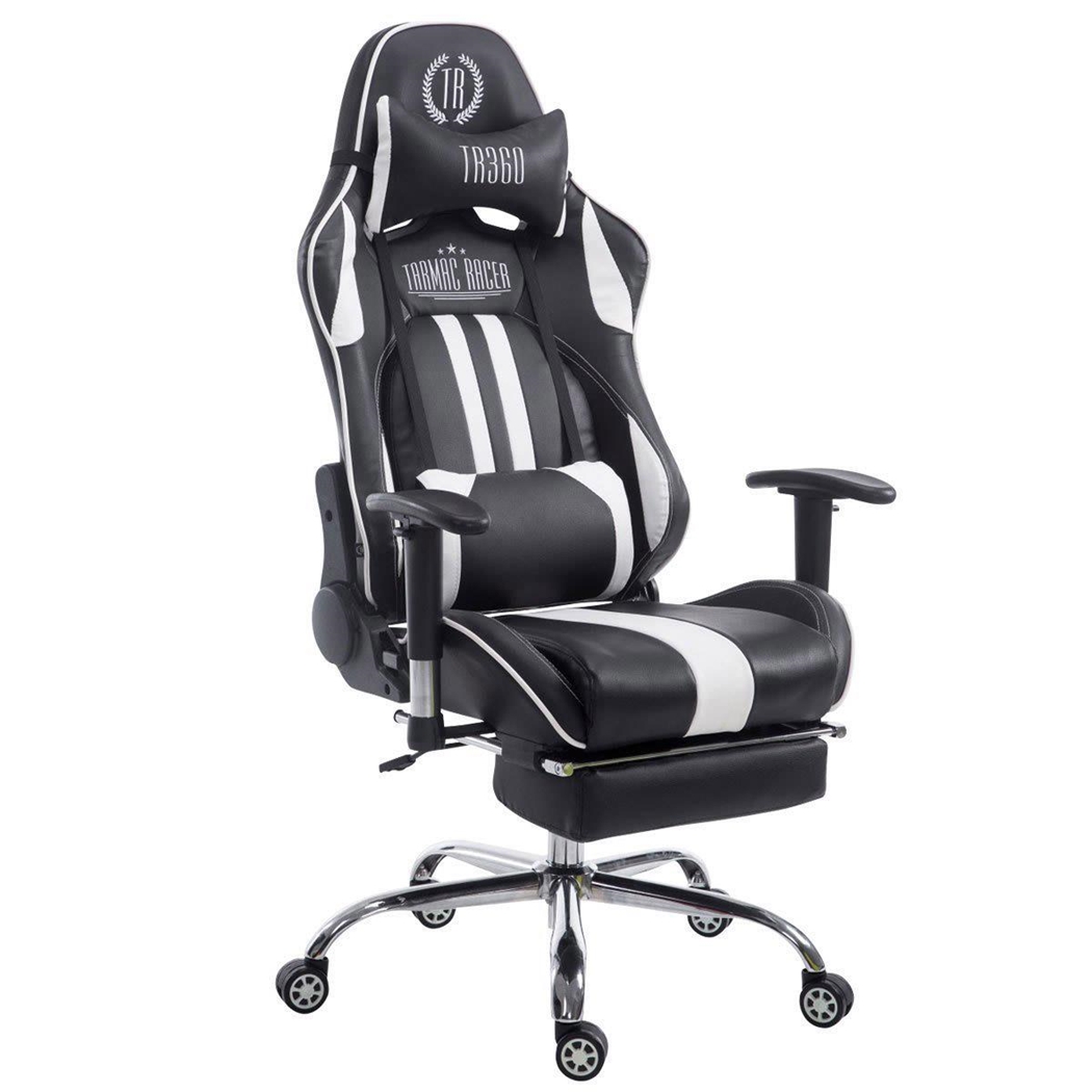 Silla Gaming LOGAN con Reposapiés, Respaldo Reclinable, Cojines Incluidos, Base de Metal, En Negro/Blanco