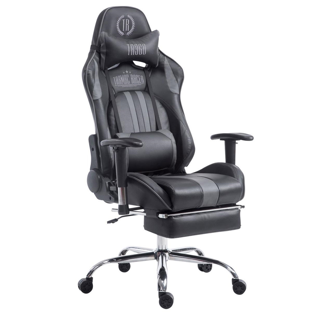 Silla Gaming LOGAN con Reposapiés, Respaldo Reclinable, Cojines Incluidos, Base de Metal, En Negro/Gris