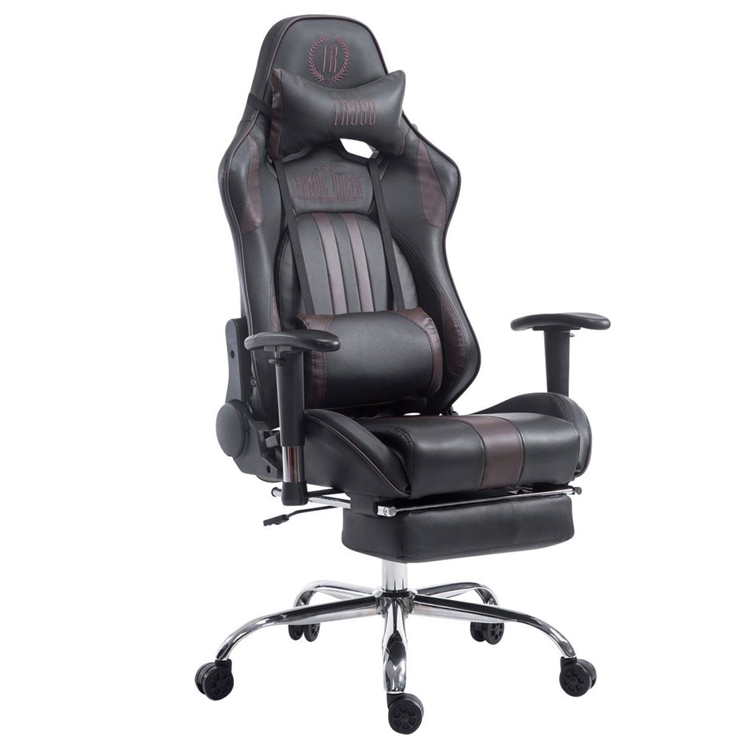 Silla Gaming LOGAN con Reposapiés, Respaldo Reclinable, Cojines Incluidos, Base de Metal, En Negro/Marrón