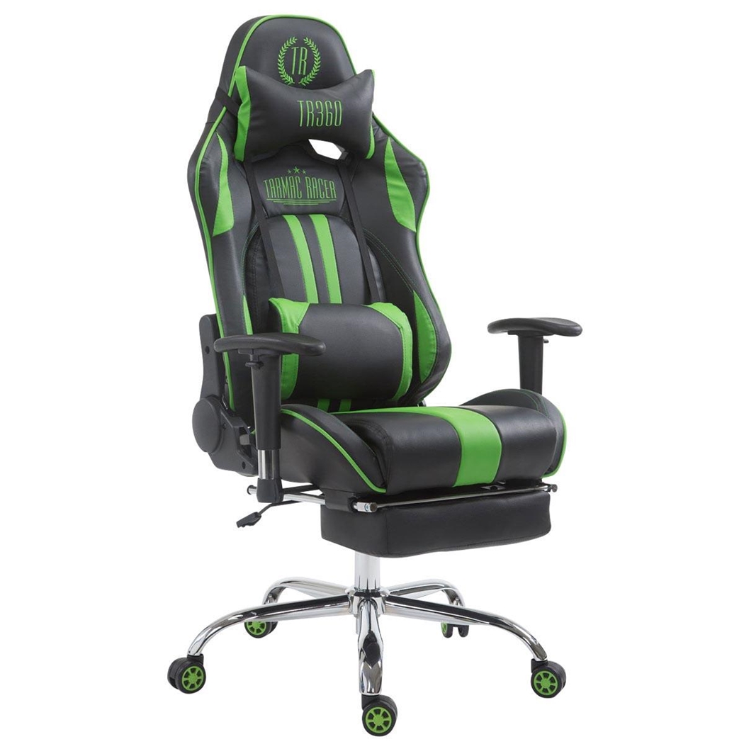 Silla Gaming LOGAN con Reposapiés, Respaldo Reclinable, Cojines Incluidos, Base de Metal, En Negro/Verde