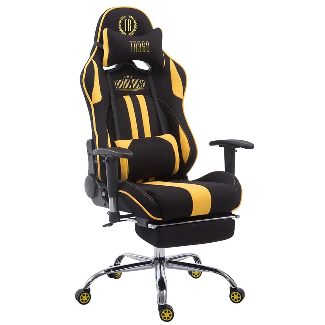 Silla Gaming LOGAN TELA con Reposapiés, Respaldo Reclinable, Cojines Incluidos, Base de Metal, En Negro/Amarillo