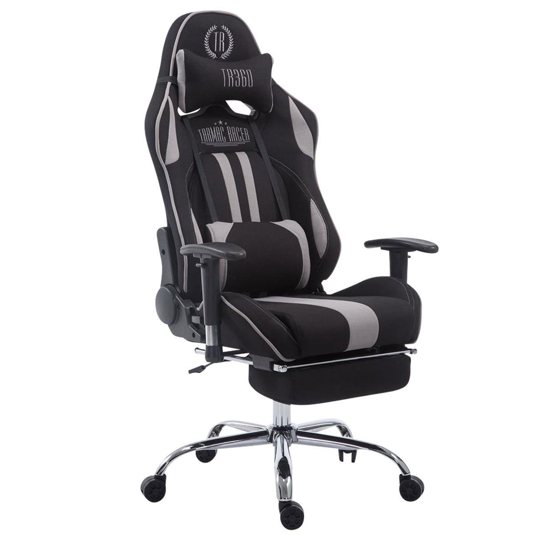 Silla Gaming LOGAN TELA con Reposapiés, Respaldo Reclinable, Cojines Incluidos, Base de Metal, En Negro/Gris