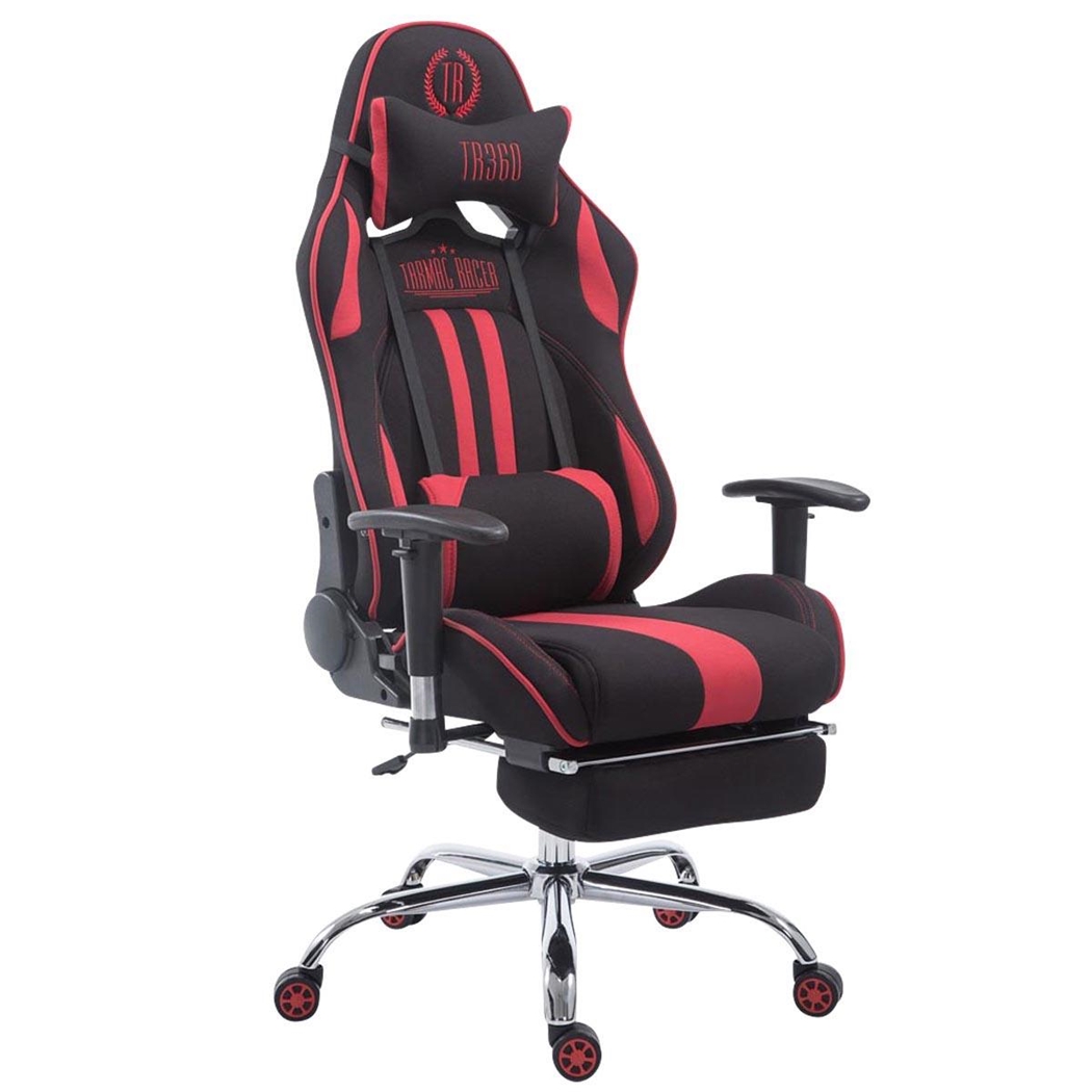 Silla Gaming LOGAN TELA con Reposapiés, Respaldo Reclinable, Cojines Incluidos, Base de Metal, En Negro/Rojo