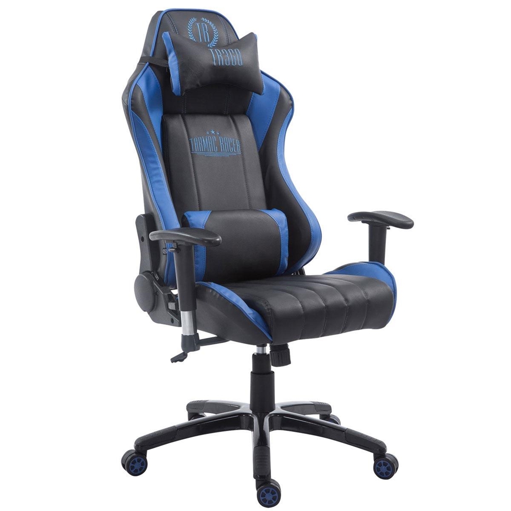 Silla Gaming TURBO, Respaldo Reclinable, Cojines Lumbar y Cervical, En Piel Negro/Azul