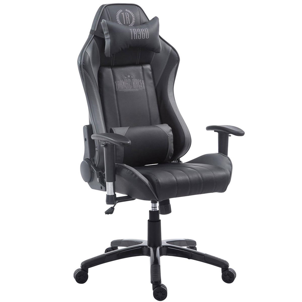 Silla Gaming TURBO, Respaldo Reclinable, Cojines Lumbar y Cervical, En Piel Negro/Gris