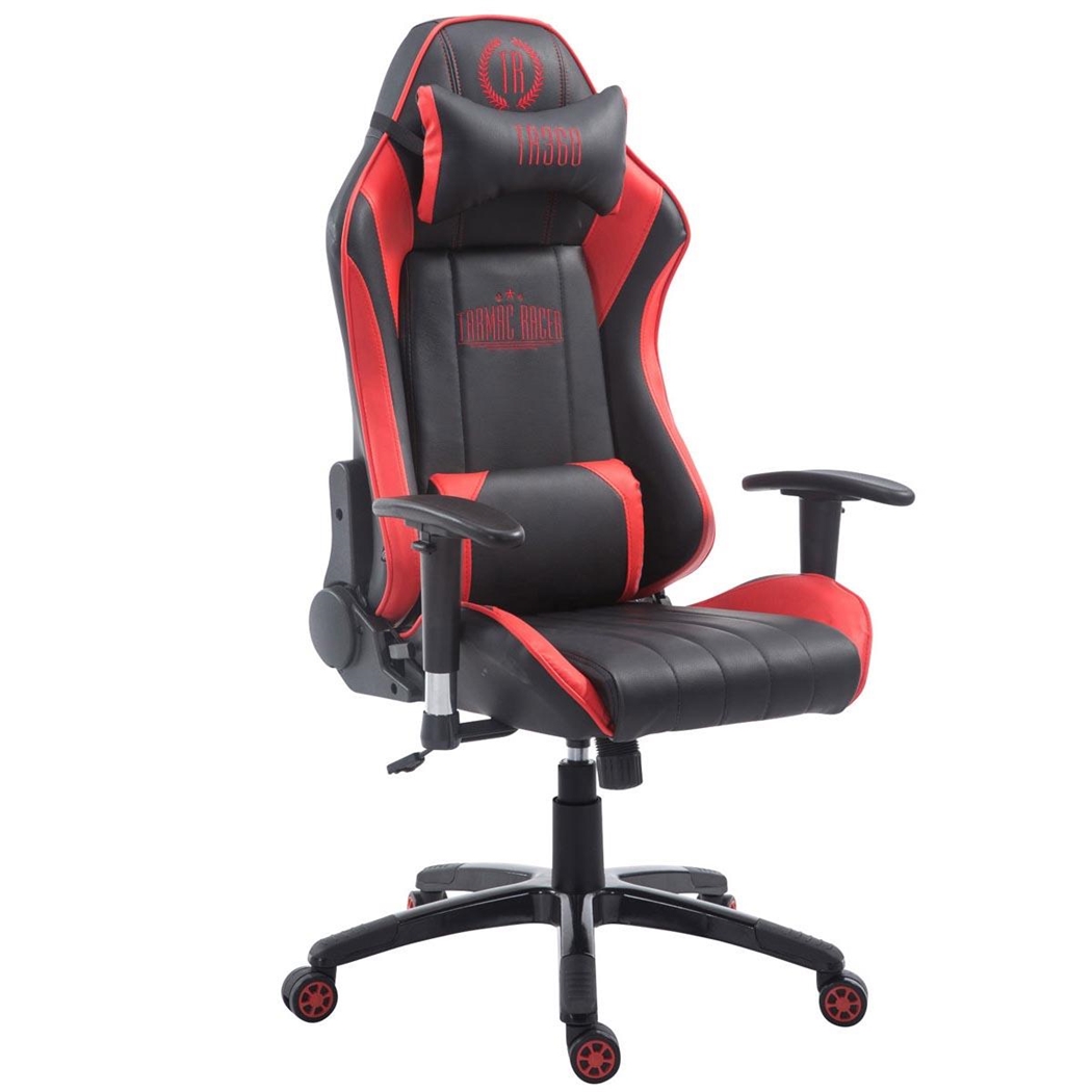 Silla Gaming TURBO, Respaldo Reclinable, Cojines Lumbar y Cervical, En Piel Negro/Rojo