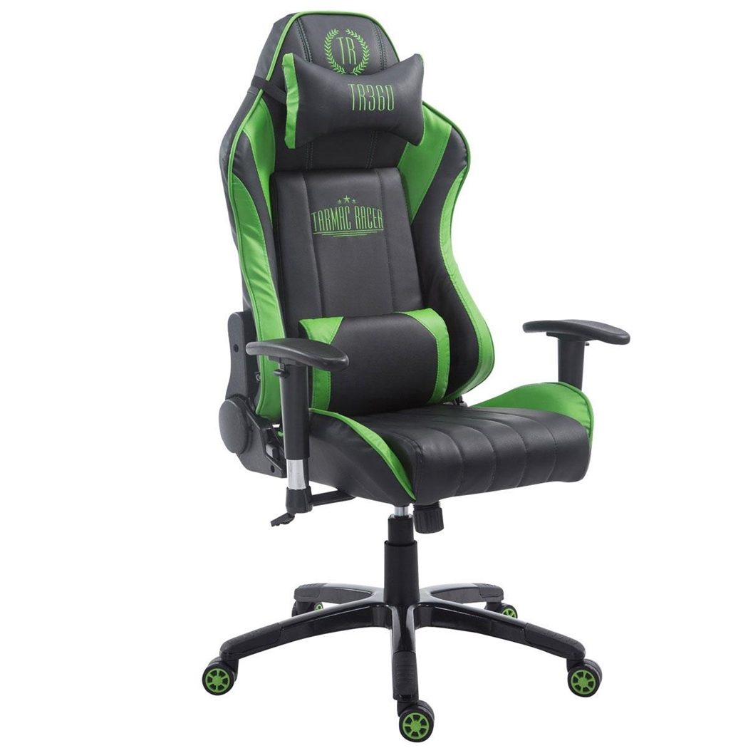 Silla Gaming TURBO, Respaldo Reclinable, Cojines Lumbar y Cervical, En Piel Negro/Verde