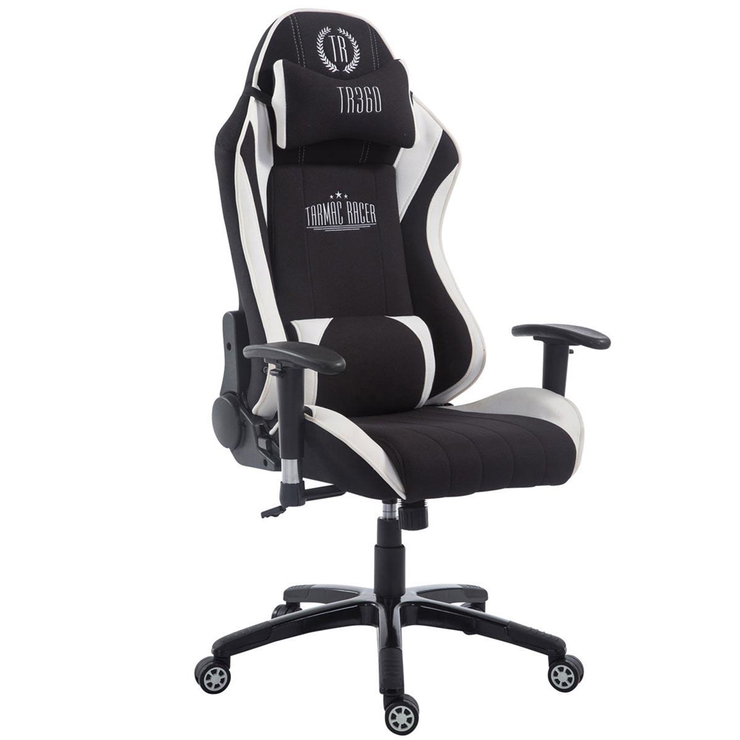 Silla Gaming TURBO TELA, Respaldo Reclinable, Cojines Lumbar y Cervical, En Negro/Blanco