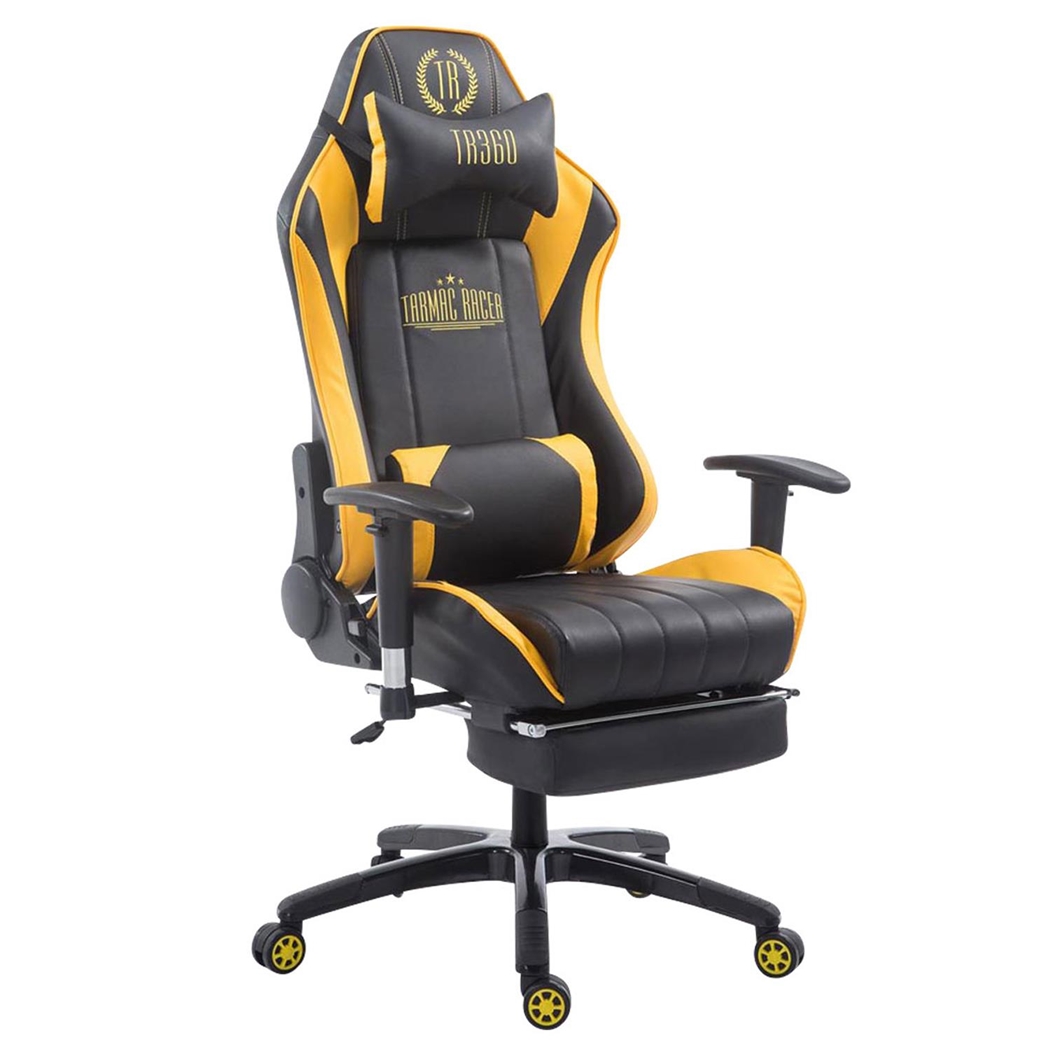 Silla Gaming TURBO con Reposapiés, Respaldo Reclinable, Cojines Lumbar y Cervical, En Piel Negro/Amarillo