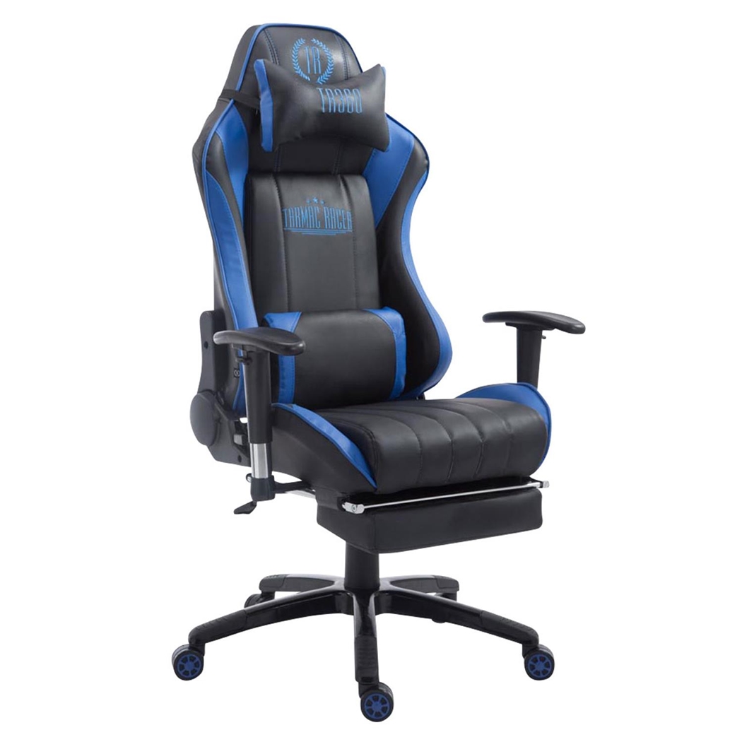 Silla Gaming TURBO con Reposapiés, Respaldo Reclinable, Cojines Lumbar y Cervical, En Piel Negro/Azul