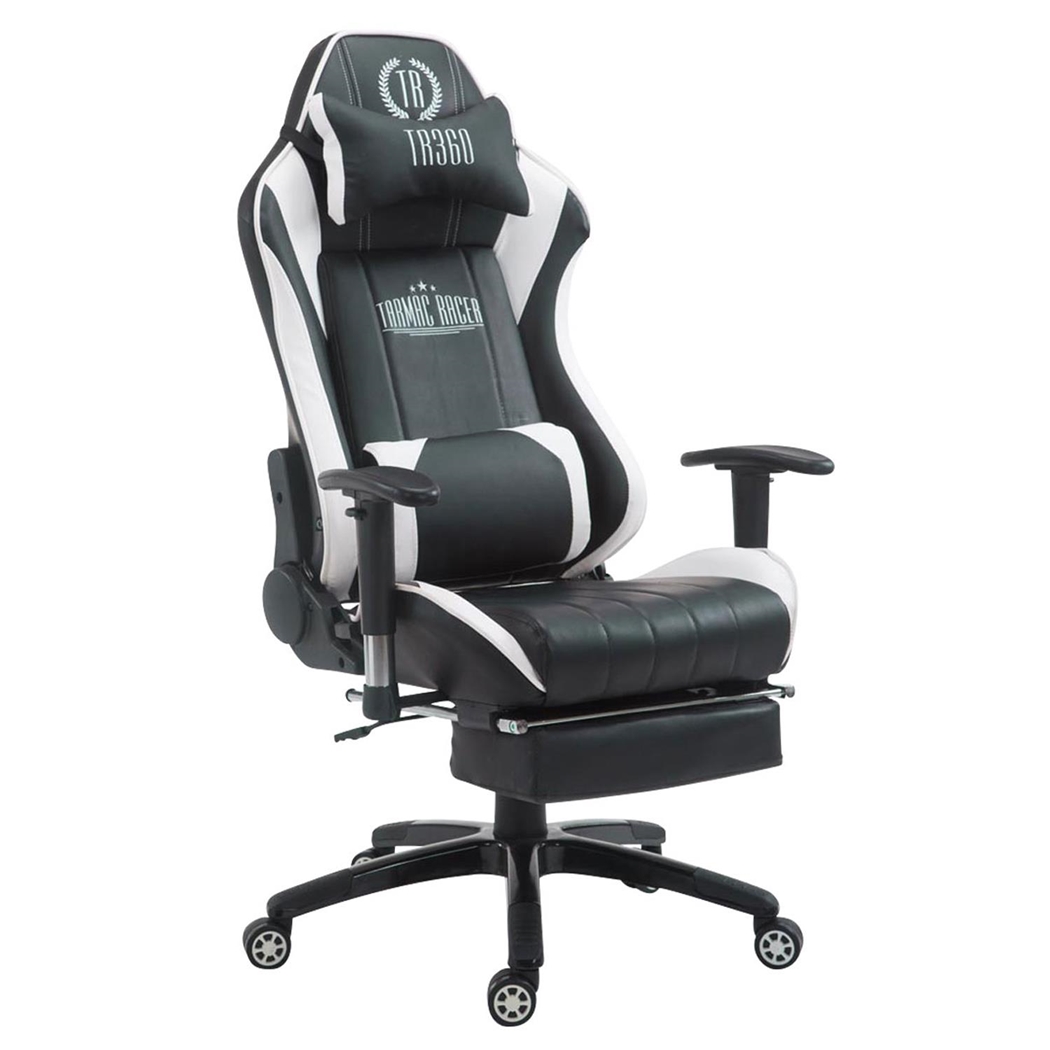 Silla Gaming TURBO con Reposapiés, Respaldo Reclinable, Cojines Lumbar y Cervical, En Piel Negro/Blanco