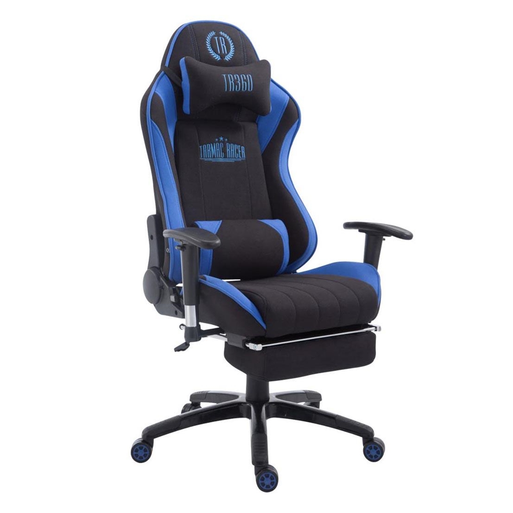 Silla Gaming TURBO TELA con Reposapiés, Respaldo Reclinable, Cojines Lumbar y Cervical, En Negro/Azul