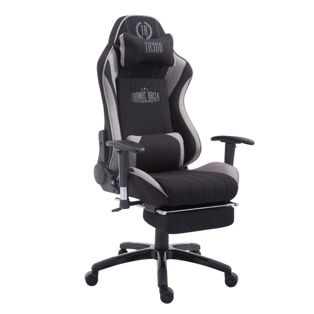 Silla Gaming TURBO TELA con Reposapiés, Respaldo Reclinable, Cojines Lumbar y Cervical, En Negro/Gris