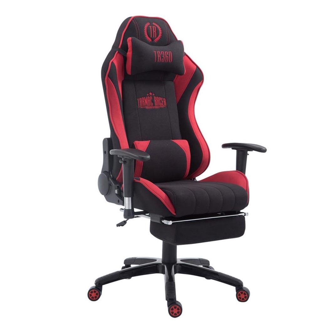 Silla Gaming TURBO TELA con Reposapiés, Respaldo Reclinable, Cojines Lumbar y Cervical, En Negro/Rojo