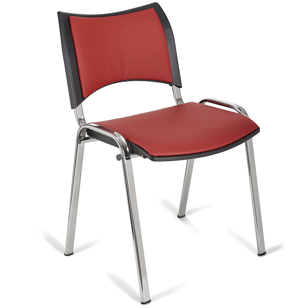 Silla de Confidente ROMEL PIEL, Cómodo Acolchado, Apilable, Patas Cromadas, en Rojo