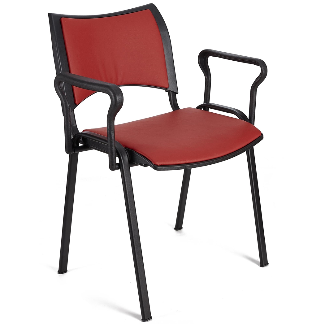 Silla de Confidente ROMEL CON BRAZOS PIEL, Cómodo Acolchado, Apilable, Patas Negras, en Rojo