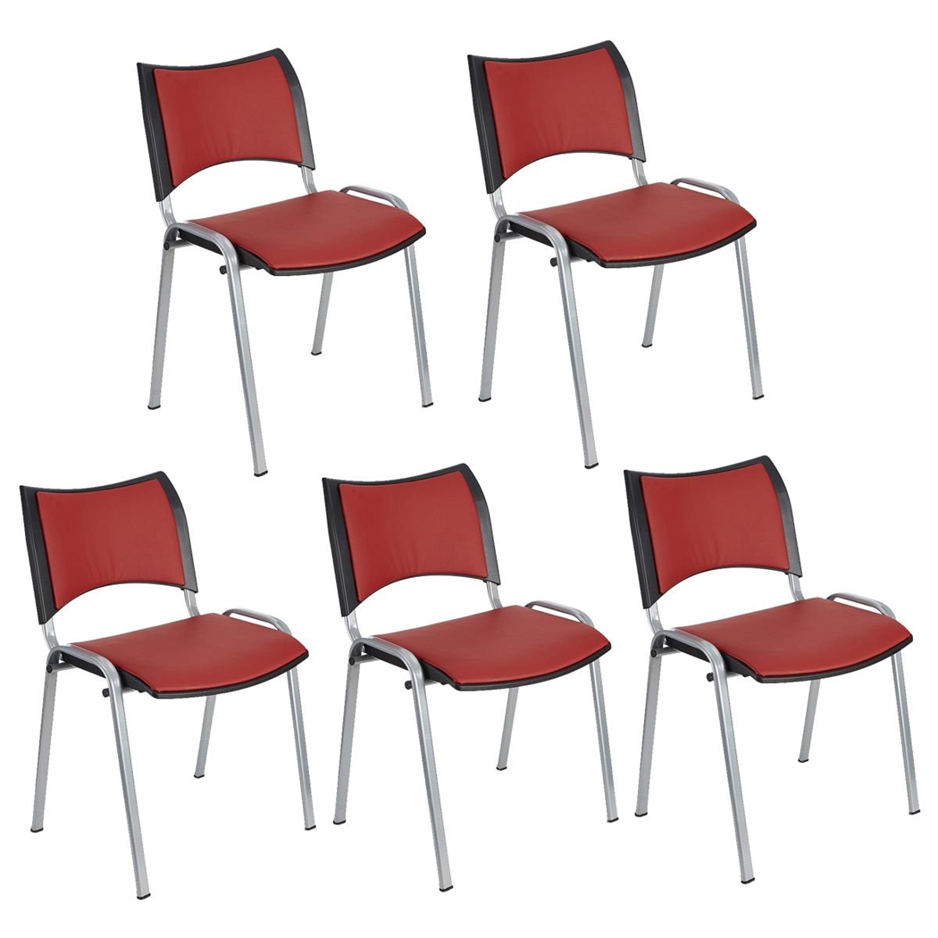 Lote de 5 Sillas de Confidente ROMEL PIEL, Cómodo Acolchado, Apilables, Patas Grises, en Rojo