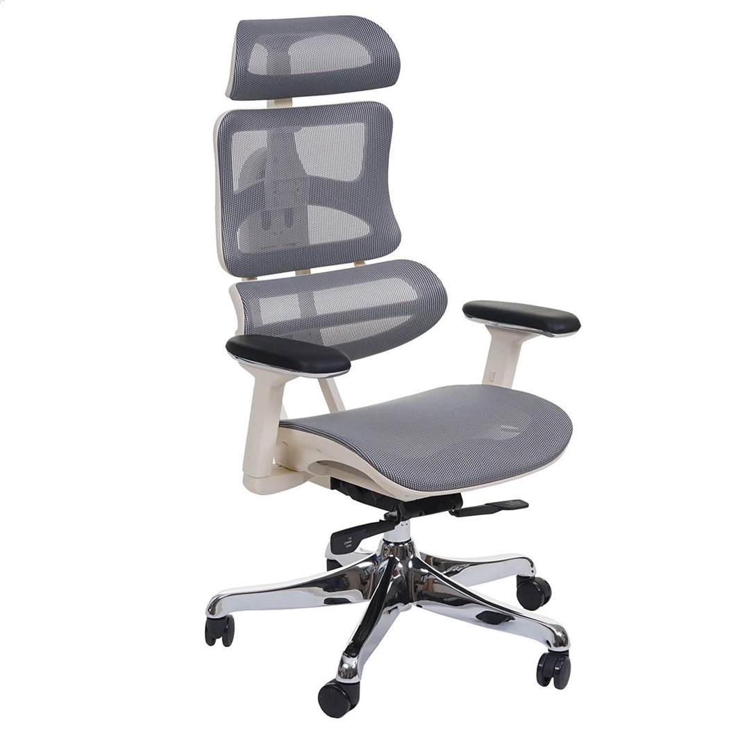 Silla Ergonómica MINERVA, Totalmente Ajustable, ISO 9001, En Malla color Gris y Blanco