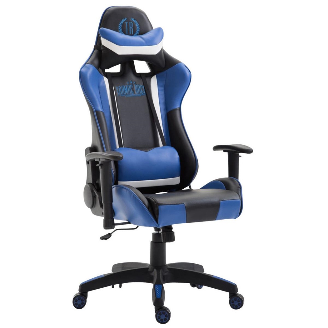 Silla Gaming JEMEX, Respaldo Reclinable, Cojines Incluidos, en Piel Negro/Azul