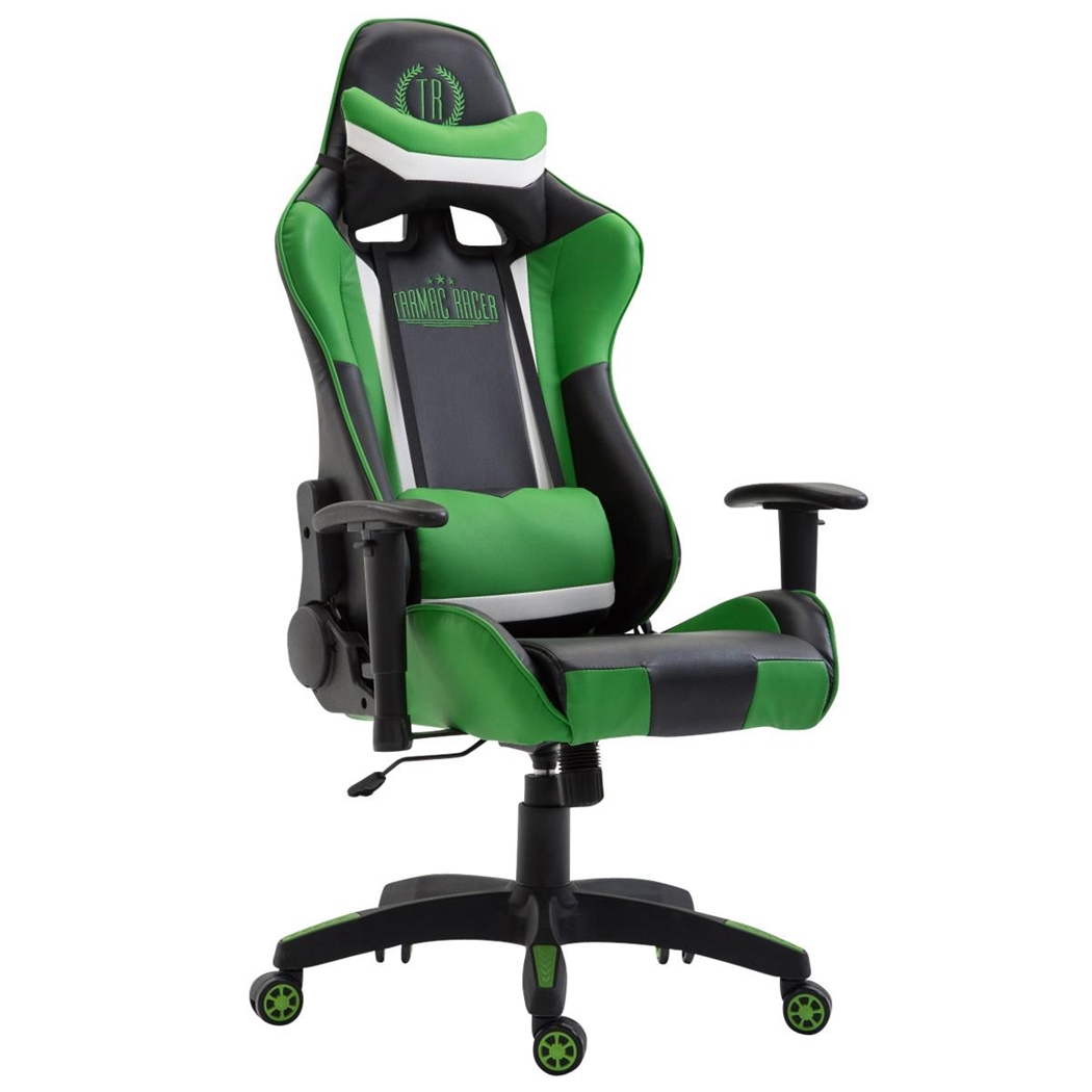 Silla Gaming JEMEX, Respaldo Reclinable, Cojines Incluidos, en Piel Negro/Verde
