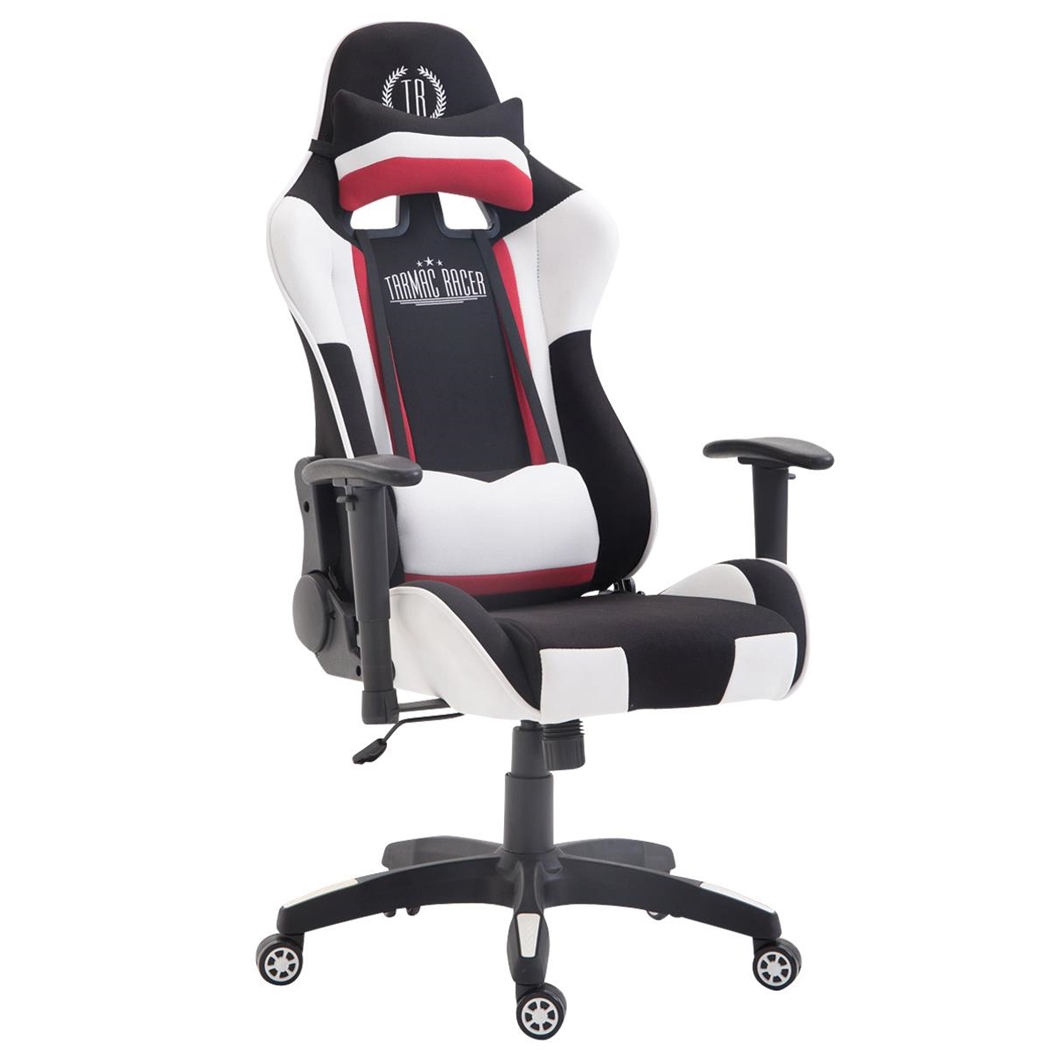 Silla Gaming JEMEX TELA, Respaldo Reclinable, Cojines Incluidos, en Negro/Blanco