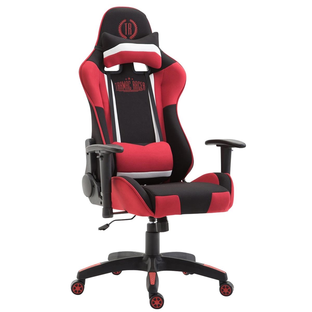 Silla Gaming JEMEX TELA, Respaldo Reclinable, Cojines Incluidos, en Negro/Rojo