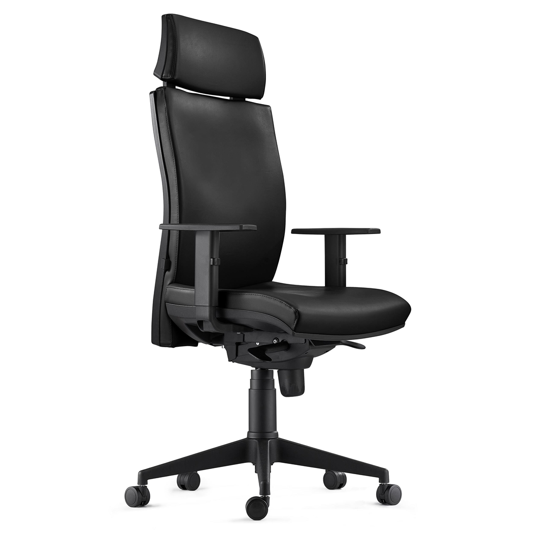 Silla Ergonómica MARVEL, Piel Negra, Reposacabezas y Soporte Lumbar