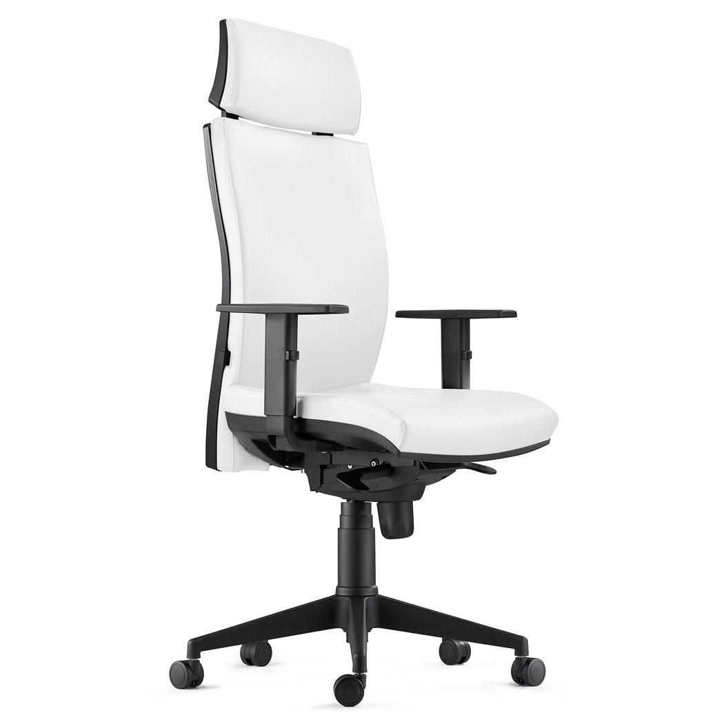 Silla Ergonómica MARVEL, Piel Natural Blanca, Reposacabezas y Soporte Lumbar