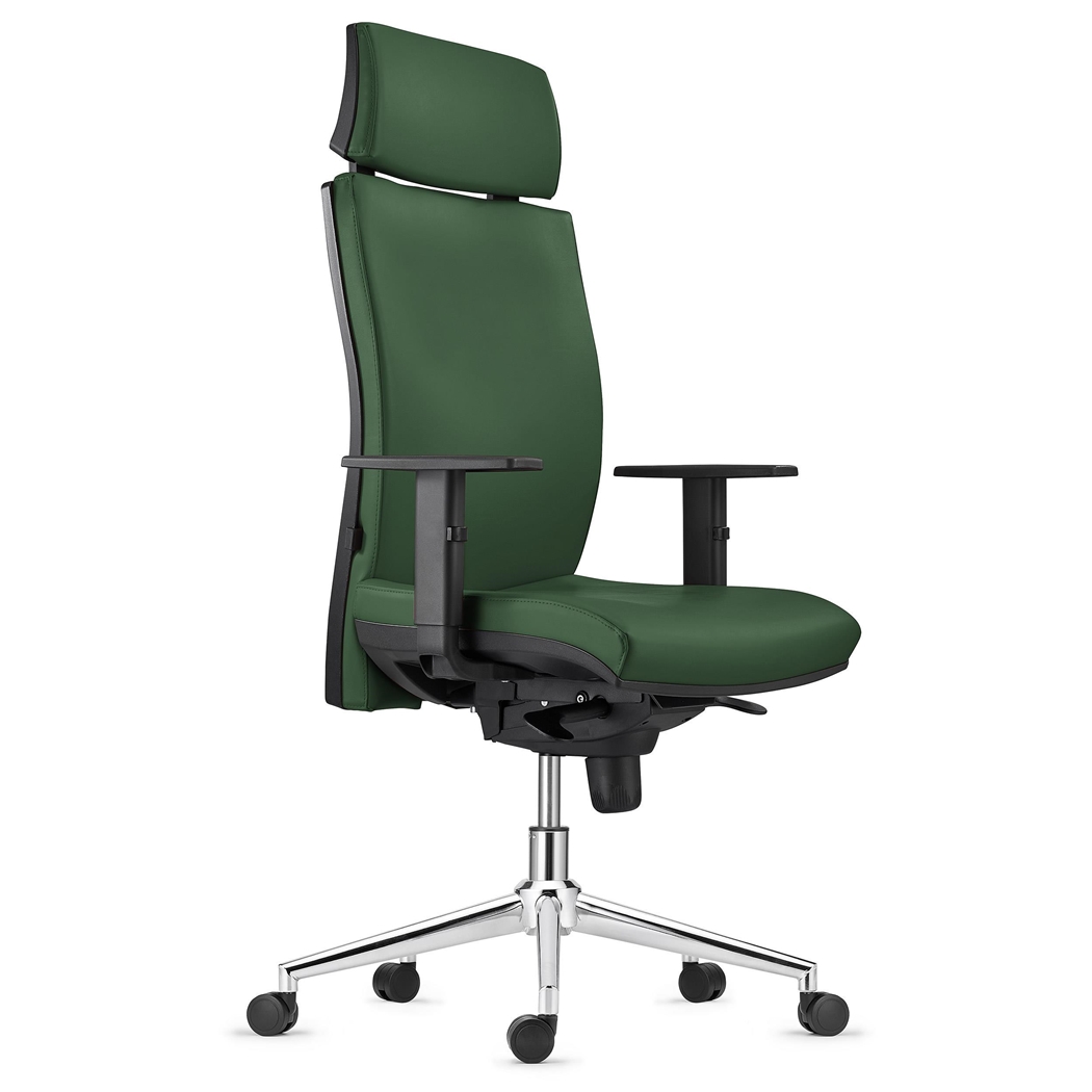 Silla Ergonómica MARVEL, Piel Verde, Base Metálica, Reposacabezas y Soporte Lumbar