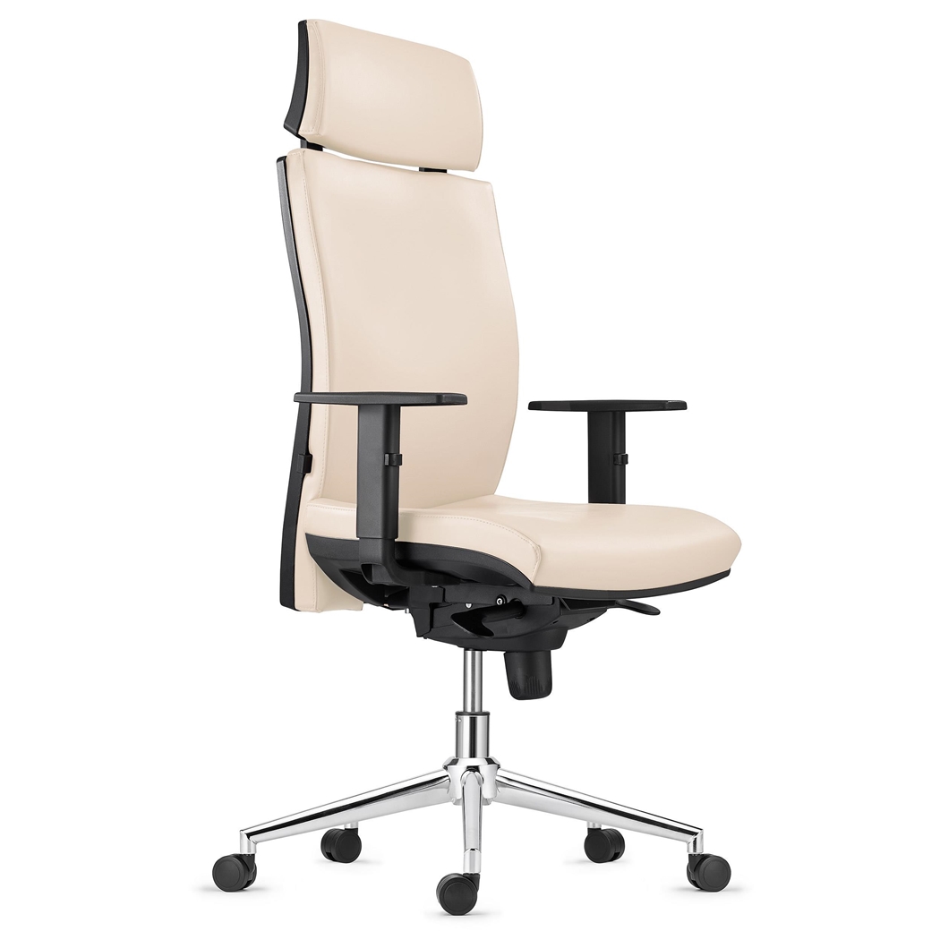 Silla Ergonómica MARVEL, Piel Crema, Base Metálica, Reposacabezas y Soporte Lumbar