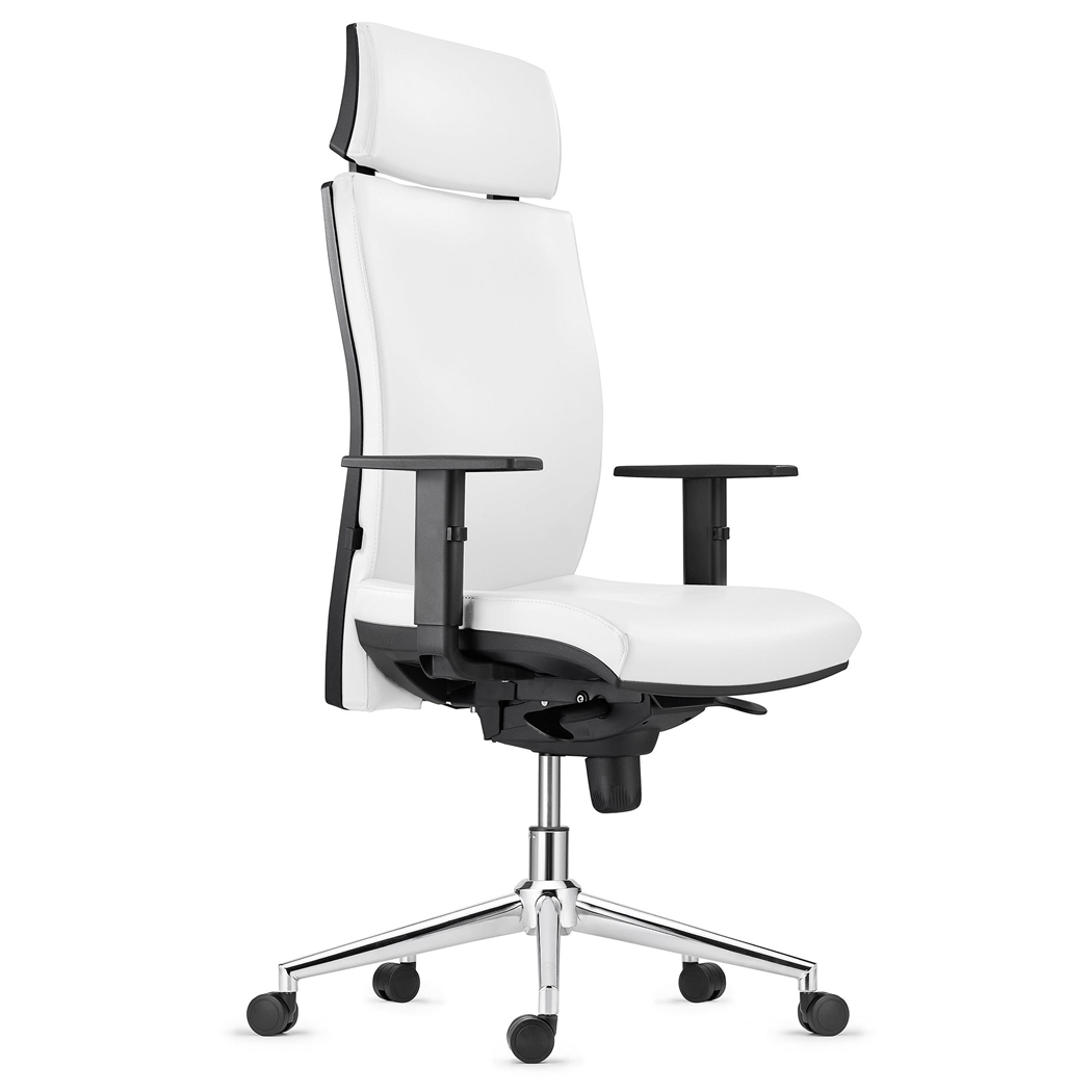 Silla Ergonómica MARVEL, Piel Natural Blanca, Base Metálica, Reposacabezas y Soporte Lumbar