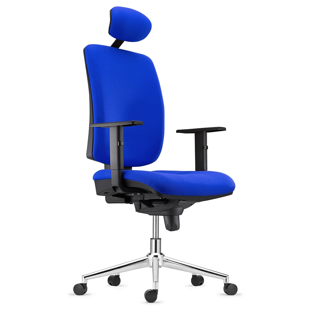 Silla Ergonómica PIERO, con Base Metálica, en Tela color Azul, Reposacabezas y Brazos Ajustables