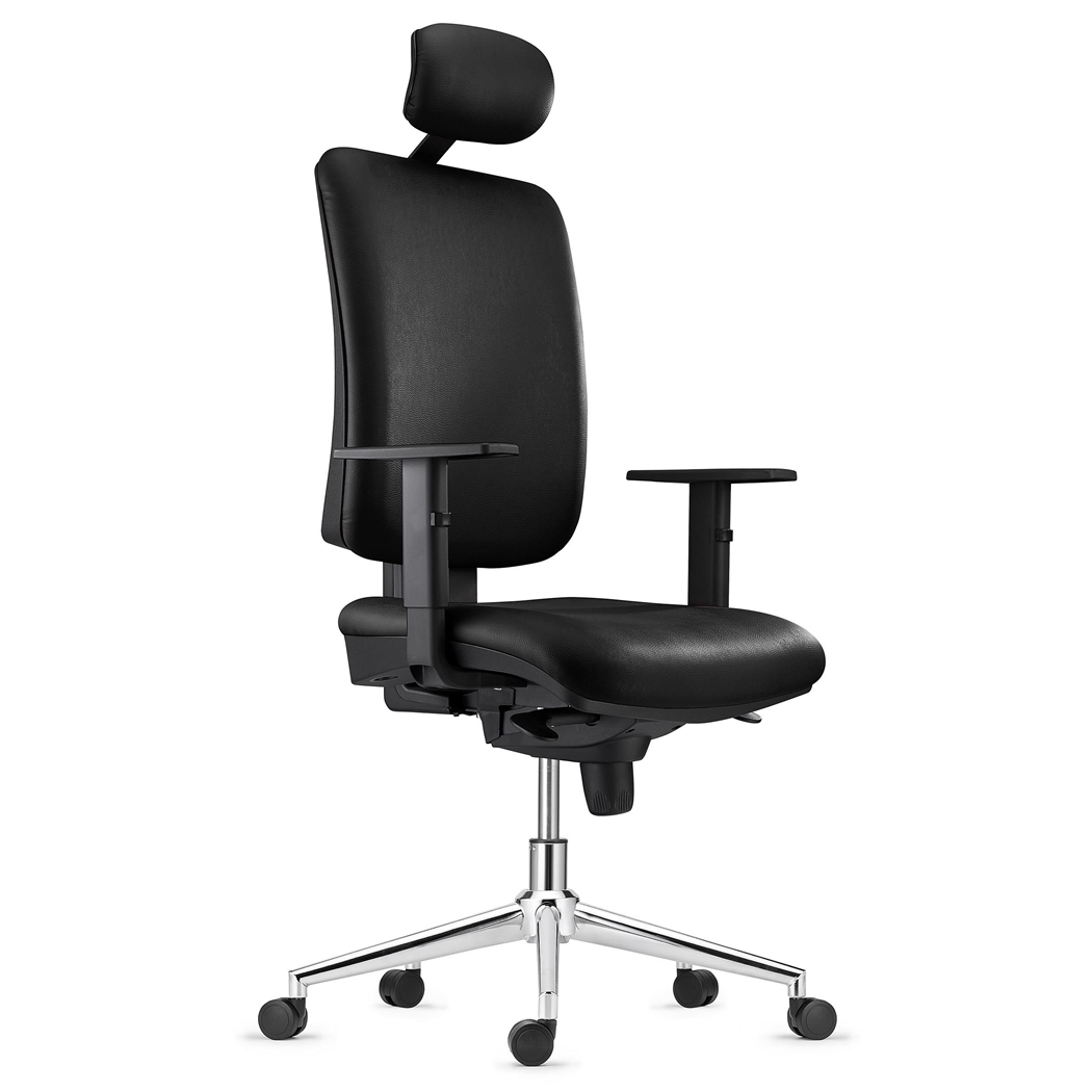 Silla Ergonómica PIERO, con Base Metálica, en Piel color Negro,  Brazos Ajustables y Reposacabezas