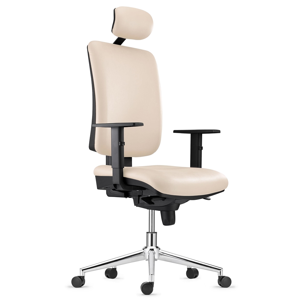 Silla Ergonómica PIERO, con Base Metálica, en Piel color Crema, Brazos Ajustables y Reposacabezas