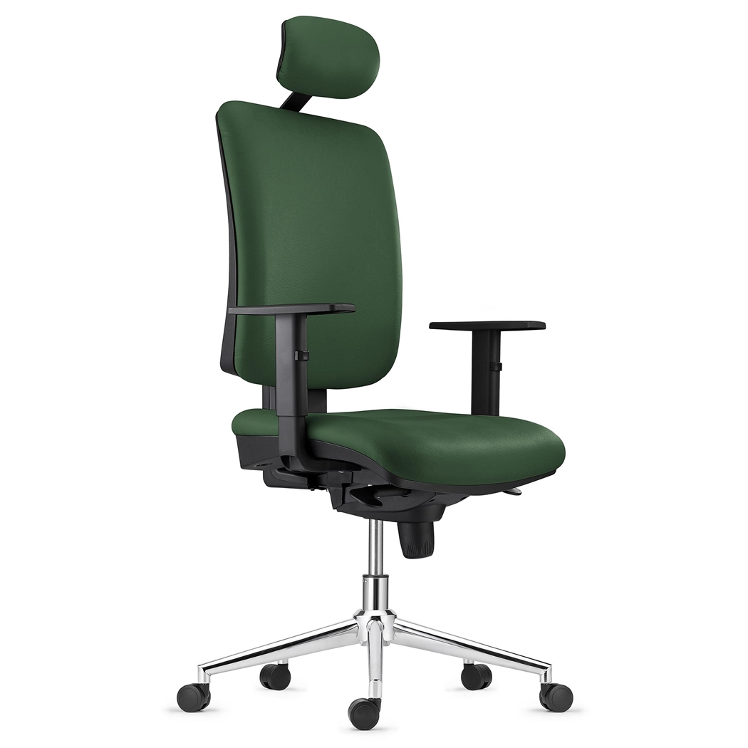 Silla Ergonómica PIERO, con Base Metálica, en Piel color Verde, Brazos Ajustables y Reposacabezas