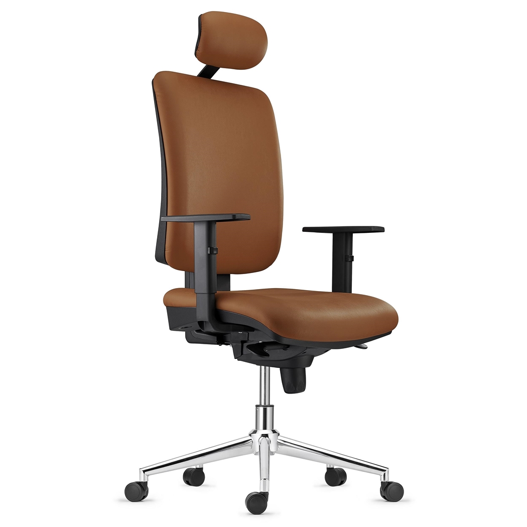 Silla Ergonómica PIERO, con Base Metálica, en Piel Natural color Marrón, Brazos Ajustables y Reposacabezas