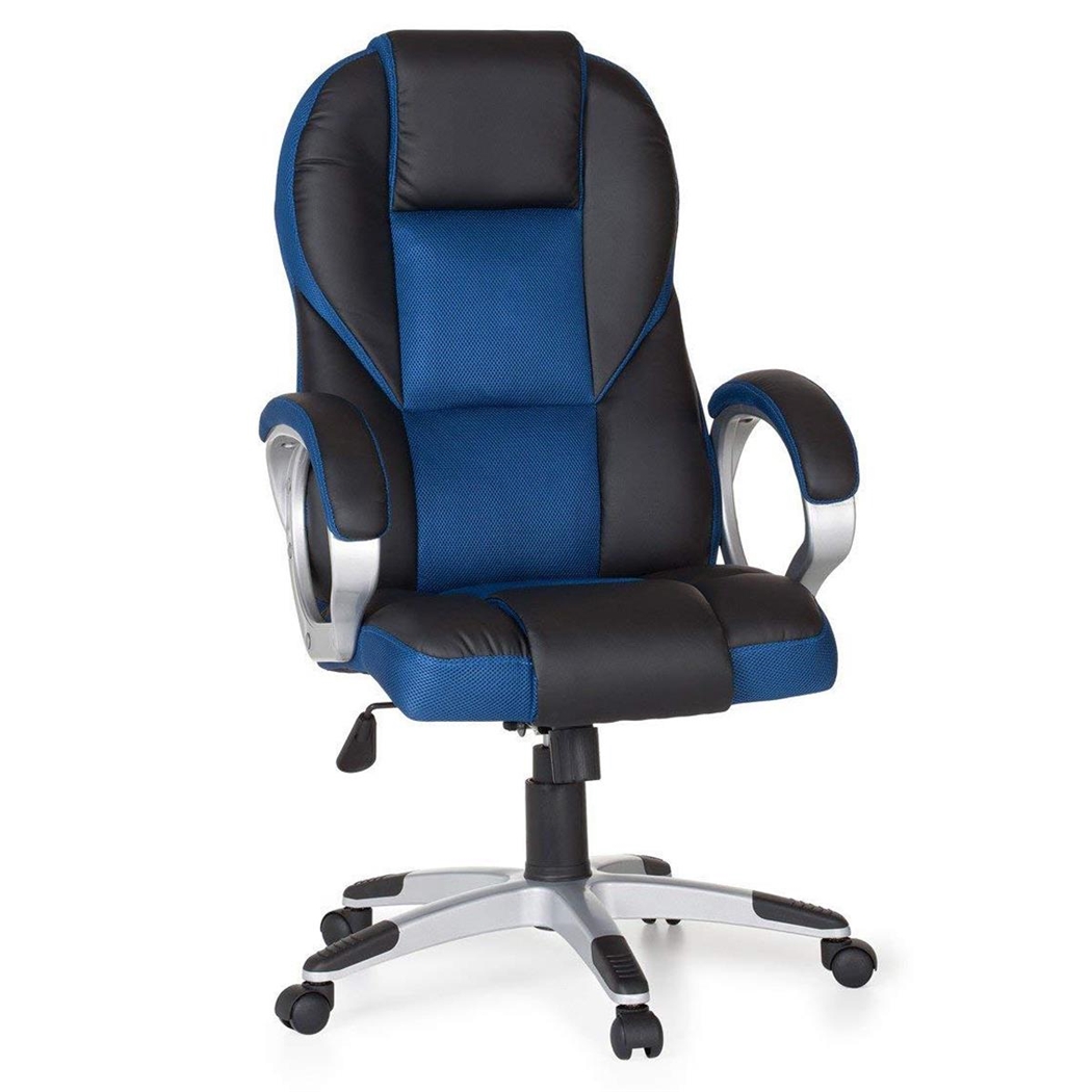 Silla Gaming ELIU, Diseño Deportivo, Grueso Acolchado, en Piel Negra y Malla Azul