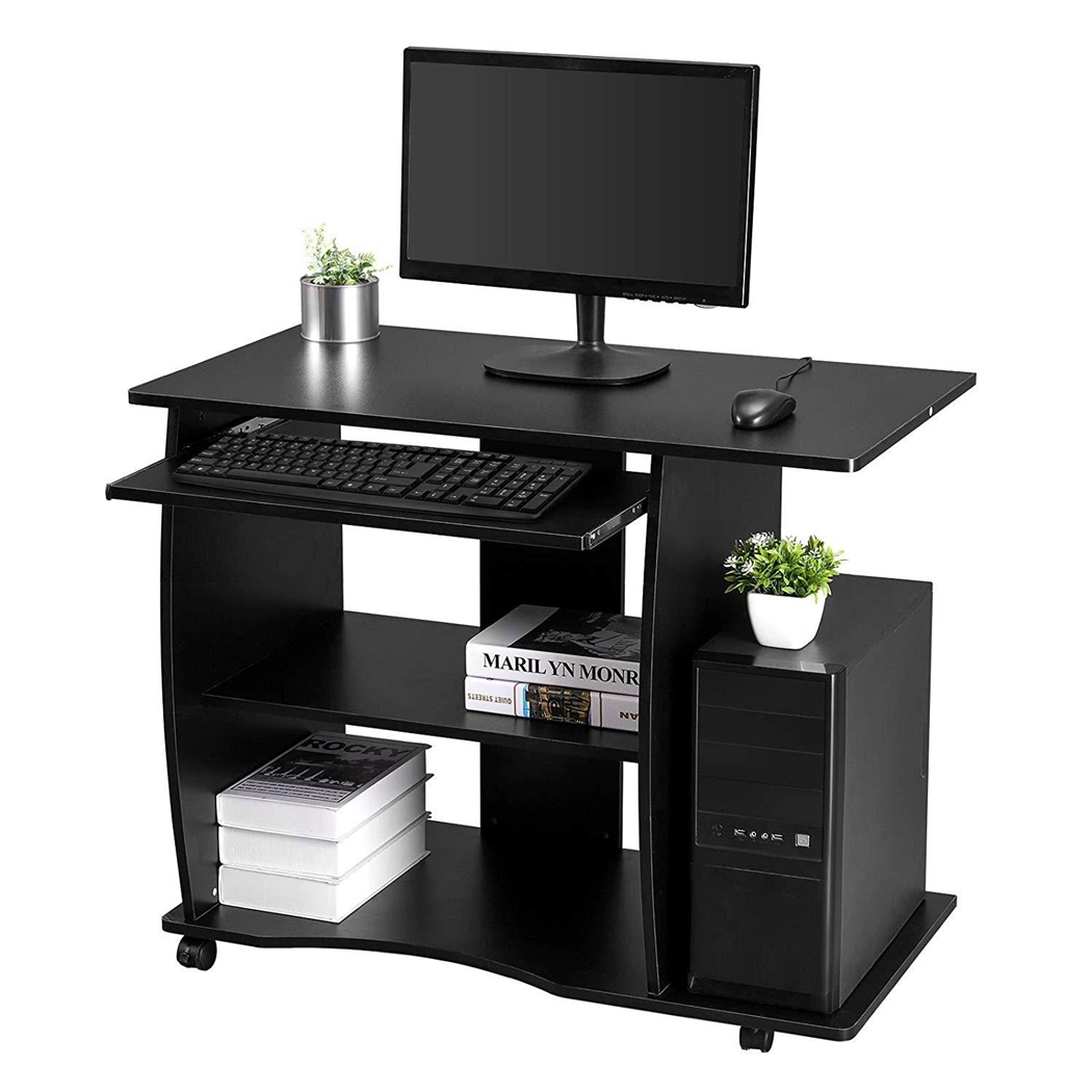 Mesa para Ordenador DAMIAN, 90x50x75 cm, con Ruedas, en Madera color Negro