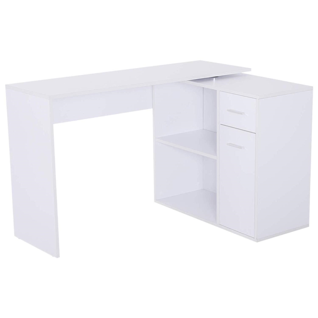 Mesa de Oficina YASER, con Estantes y Cajonera, en Madera color Blanco