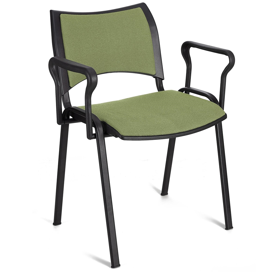 Silla de Confidente ROMEL CON BRAZOS, Cómodo Acolchado, Apilable, Patas Negras, en Tela Verde 