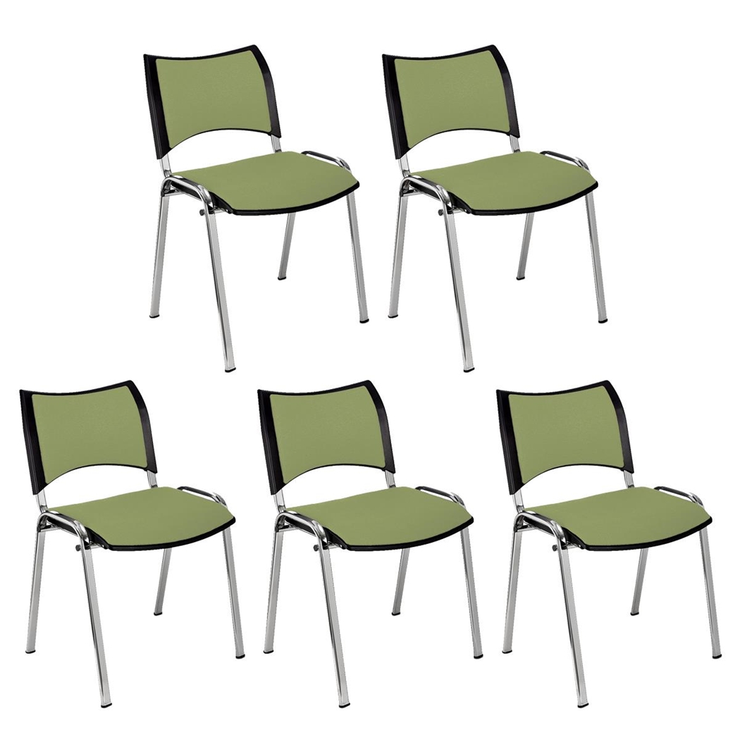 Lote de 5 Sillas de Confidente ROMEL, Cómodo Acolchado, Apilable, Patas Cromadas, en Tela Verde 