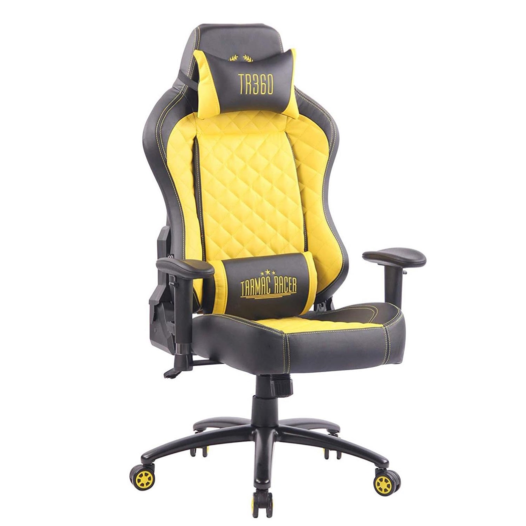 Silla Gaming MAXIM, Respaldo Reclinable, Cojines Lumbar y Cervical, En Piel Negro/Amarillo