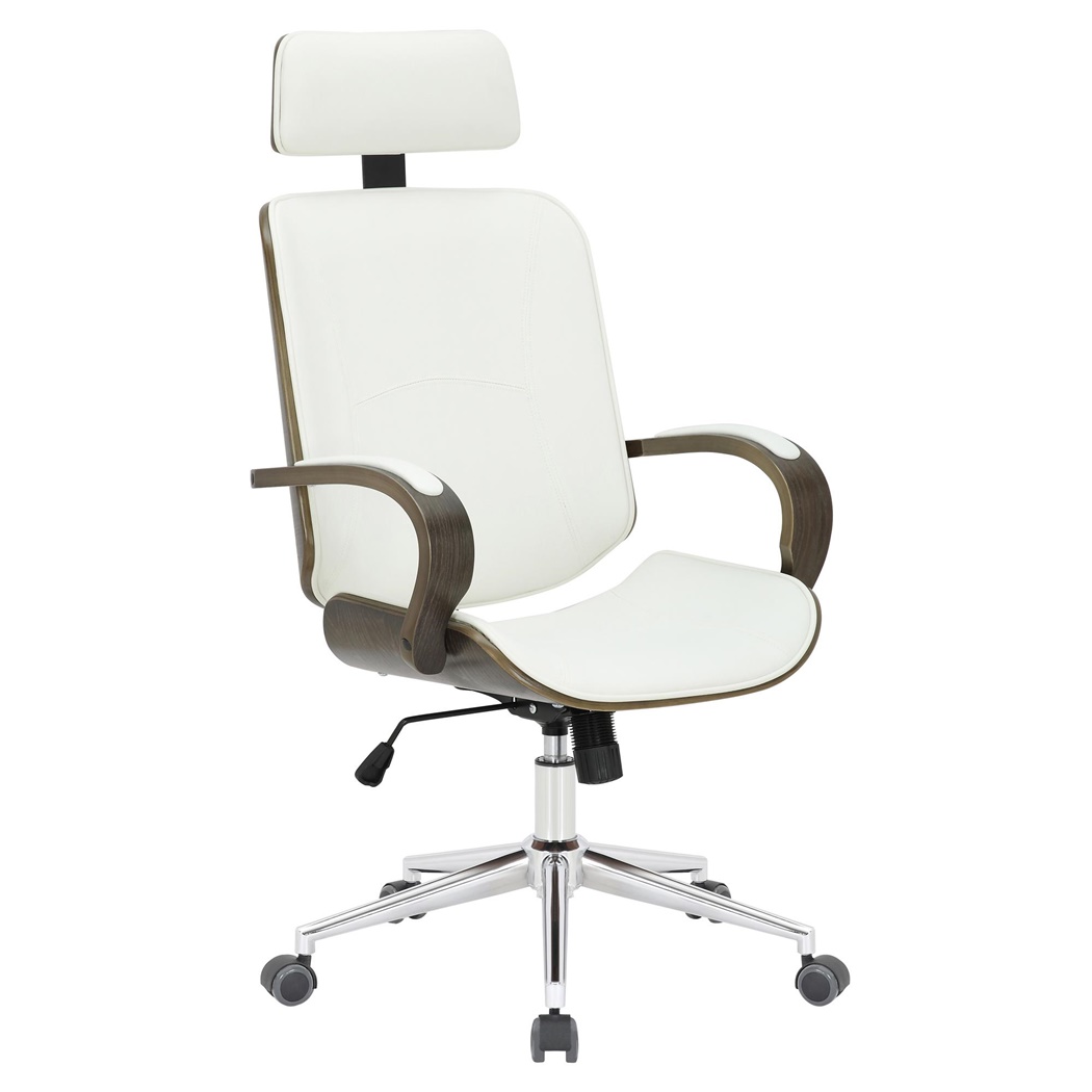 Silla de Oficina JUTTA, Gran Acolchado, Elegante Diseño en Madera Gris y Piel color Blanco