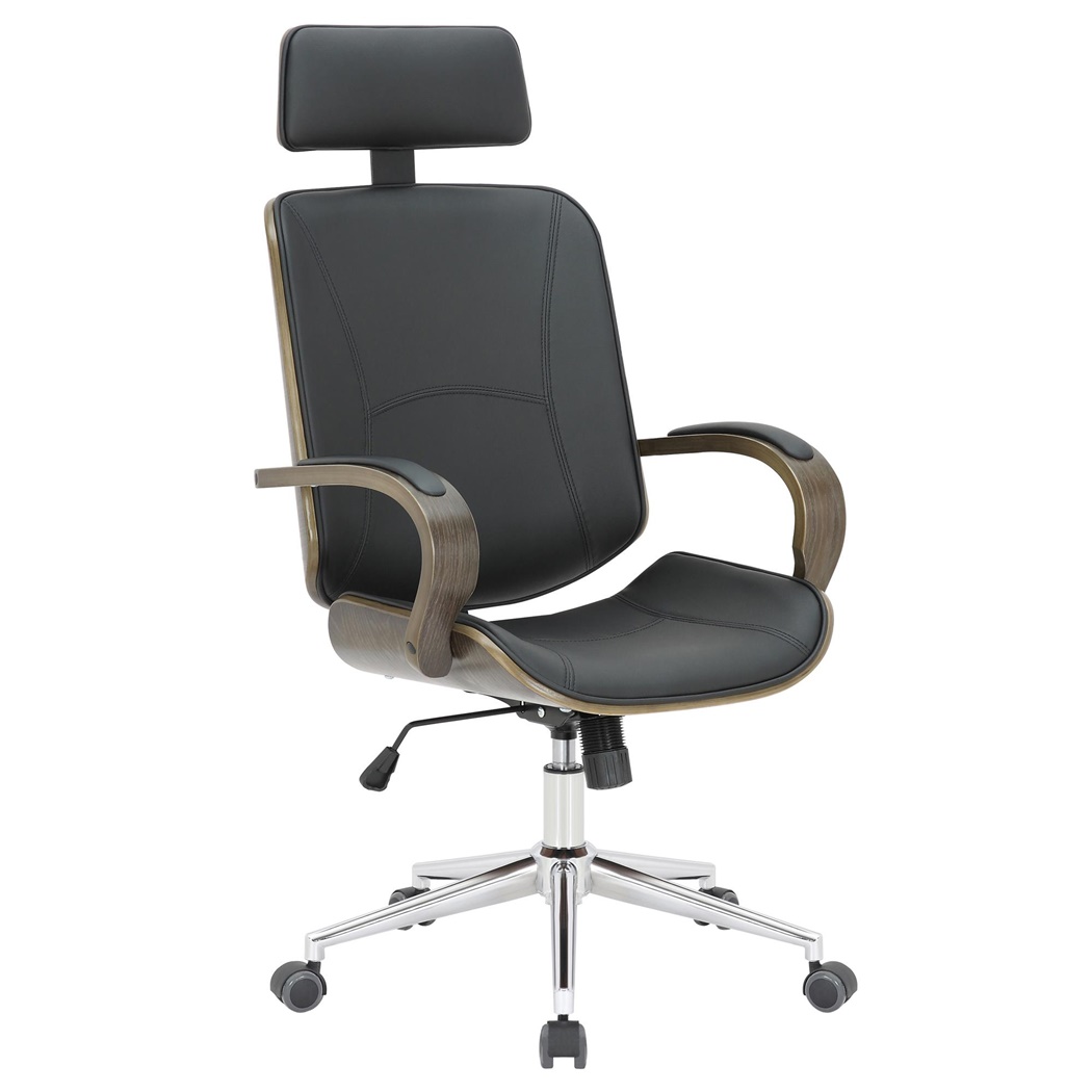 Silla de Oficina JUTTA, Gran Acolchado, Elegante Diseño en Madera Gris y Piel color Negro