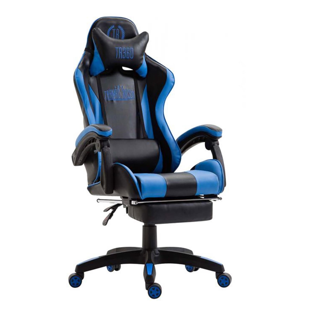 Silla Gaming POKER con Reposapiés, Cojines Lumbar y Cervical, En Piel Azul