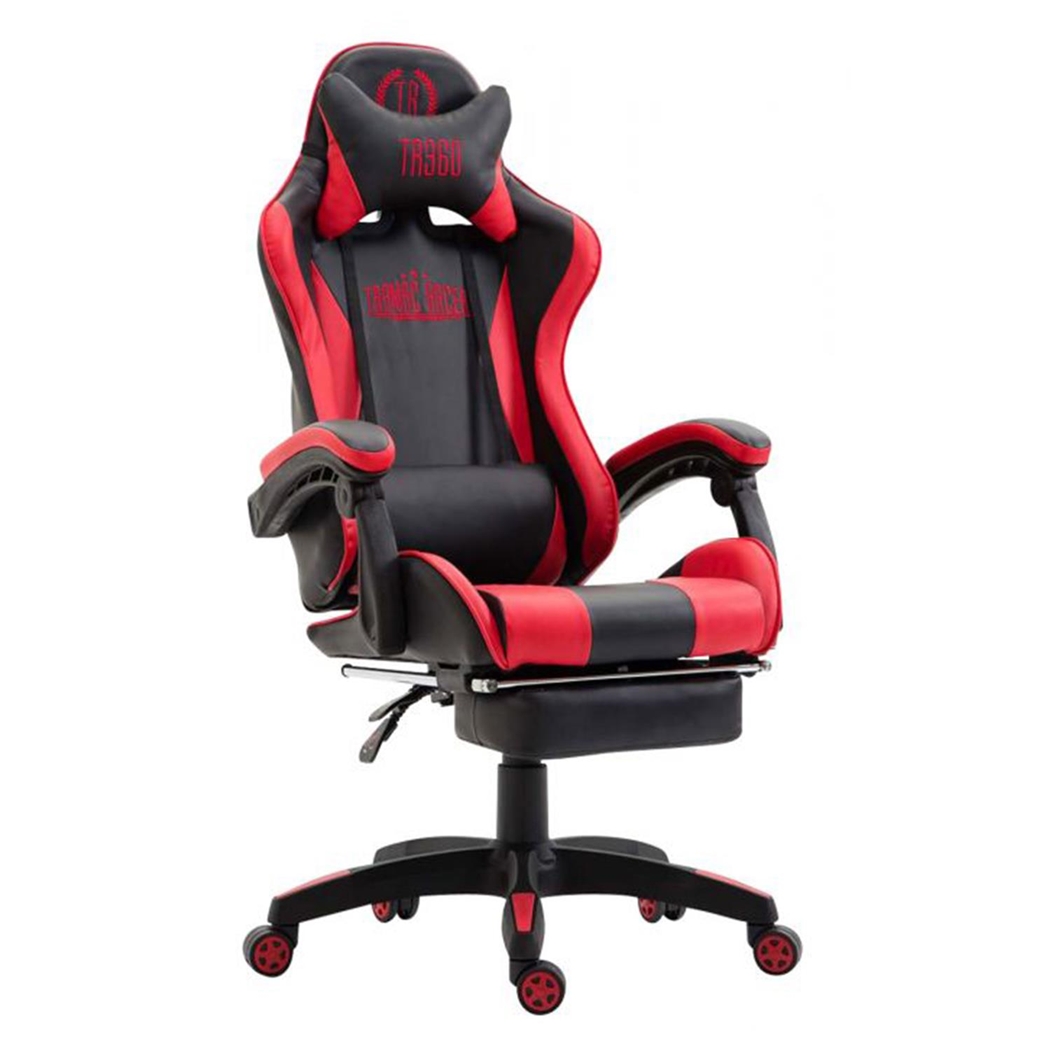 Silla Gaming POKER con Reposapiés, Cojines Lumbar y Cervical, En Piel Roja